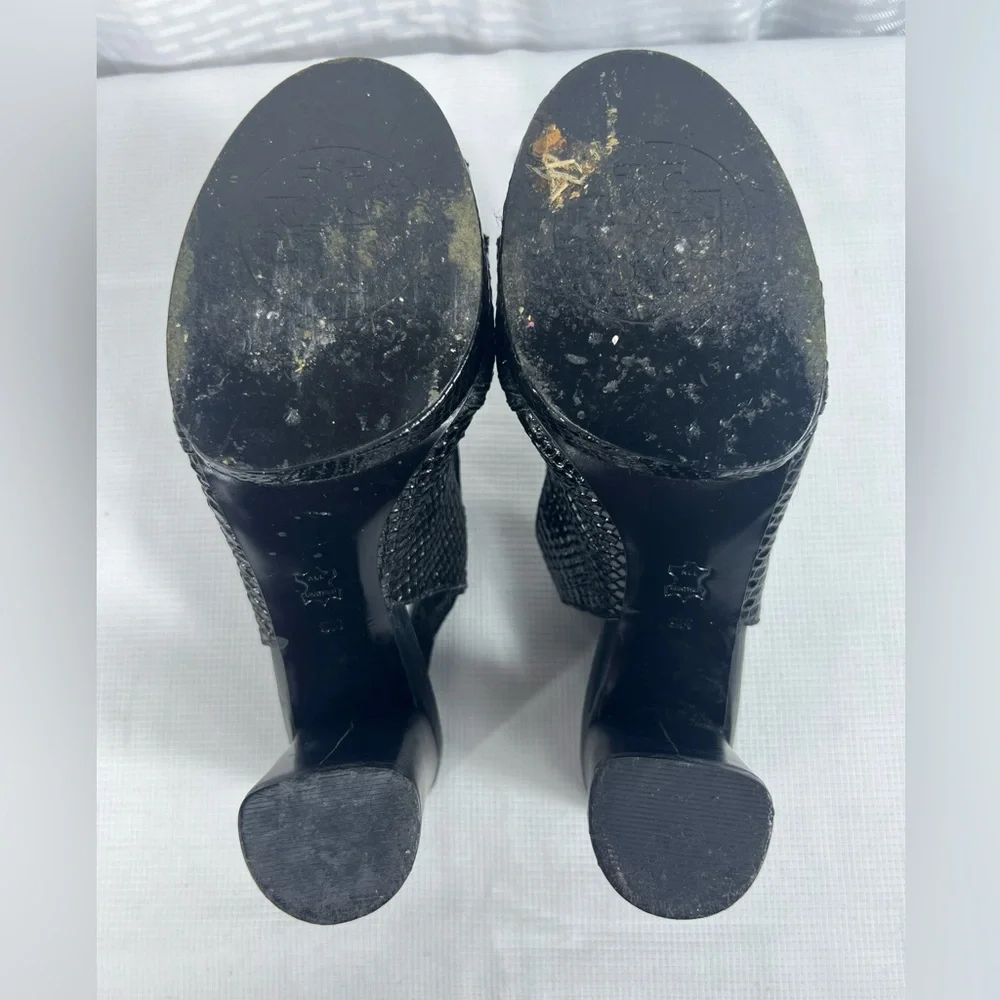 7224: Tory Burch Black Embossed Leather Slingback Platform Sandals Size 9M